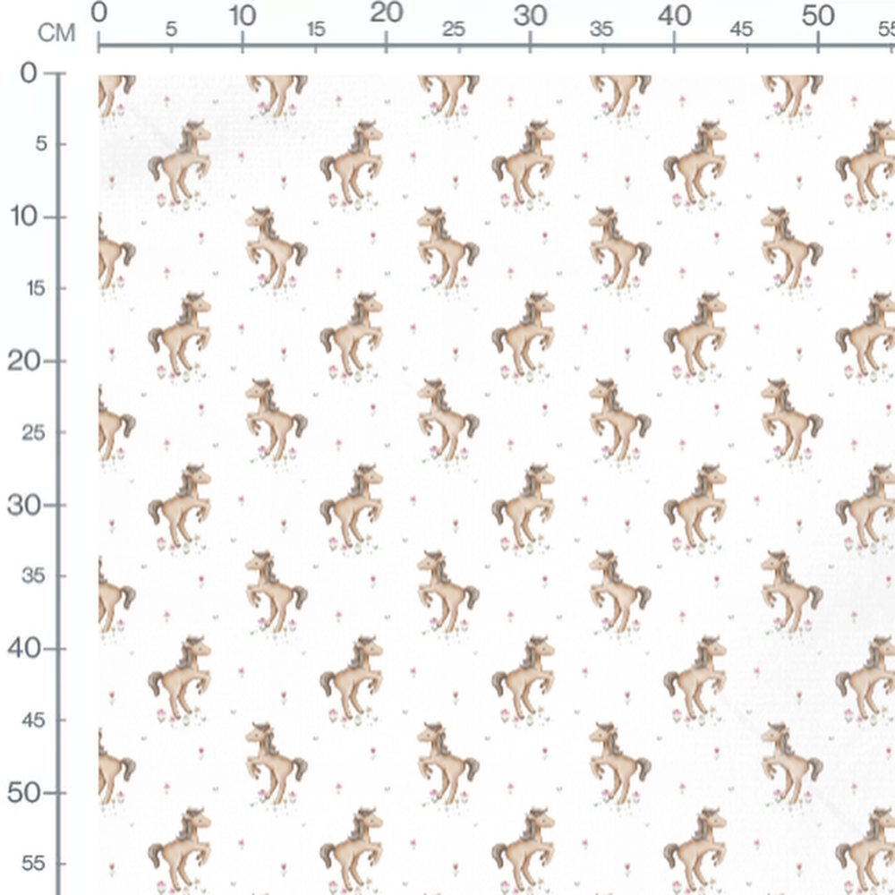 Tissu - Chevaux bruns et fleurs roses 2
