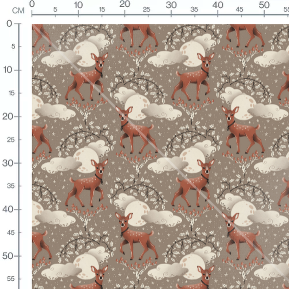 Tissu - Cerfs et lunes sur fond brun