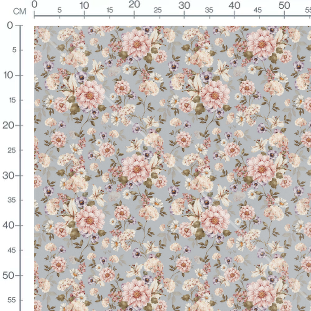 Tissu - Fleurs roses et blanches gris