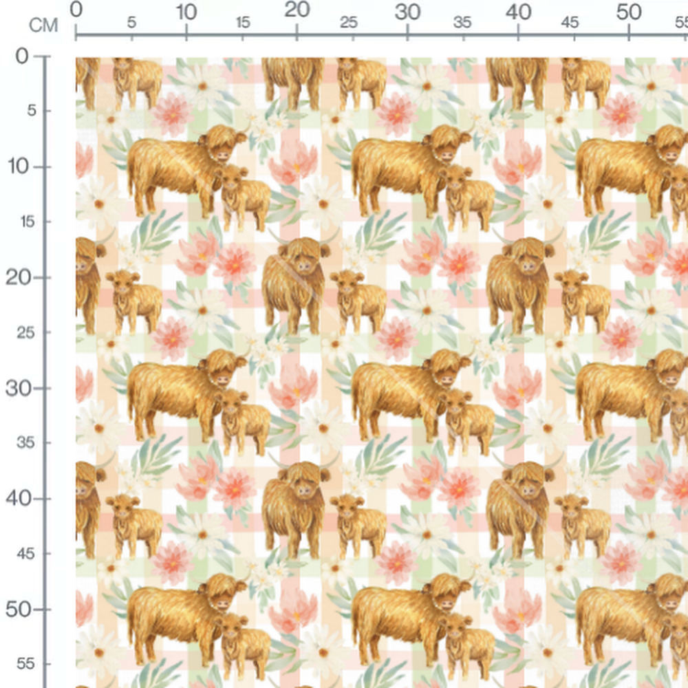 Tissu - Vaches et fleurs sur carreaux
