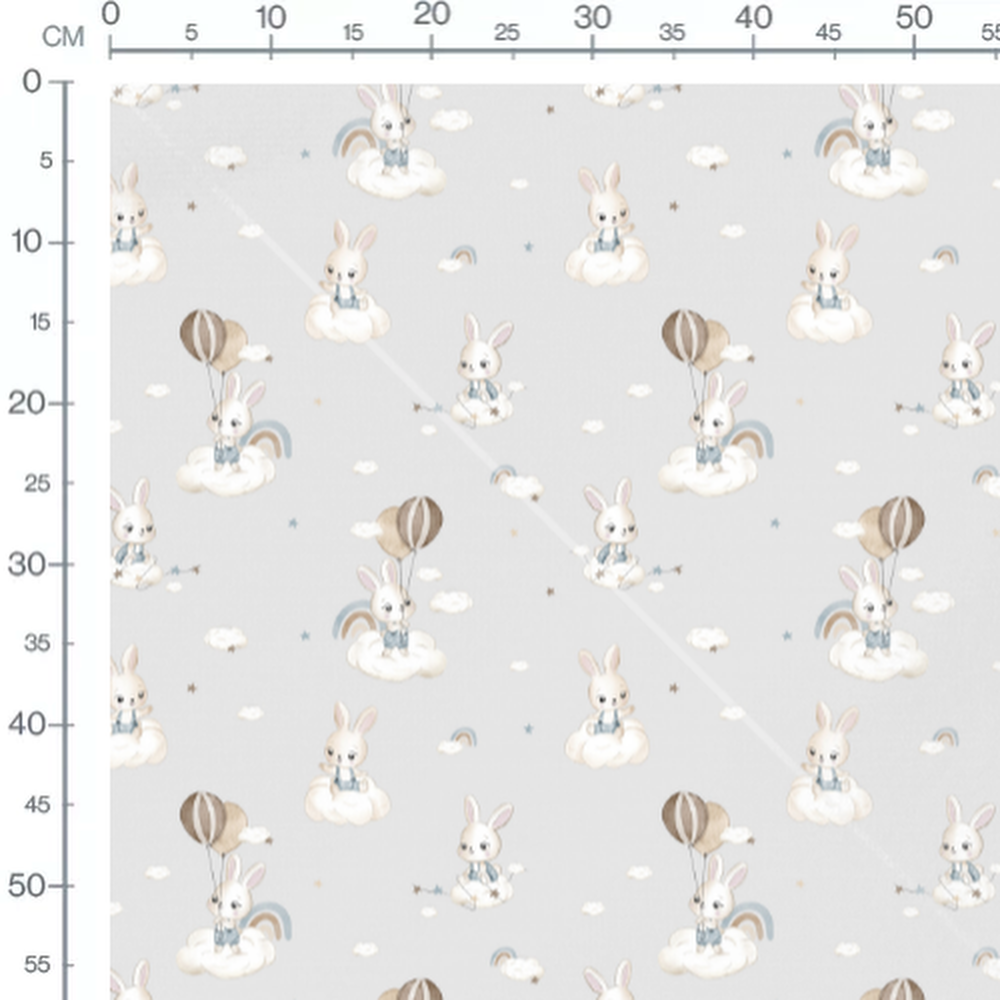 Tissu - Lapins et nuages gris clair