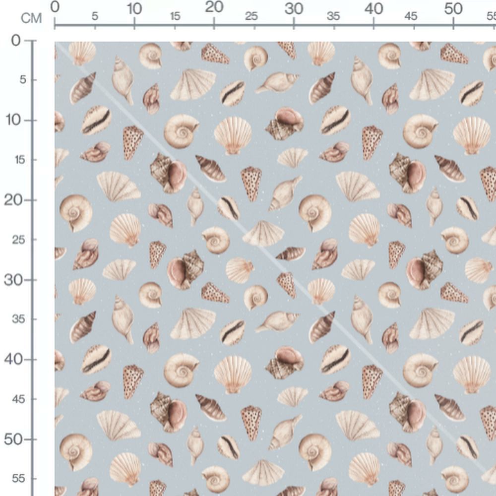 Tissu - Coquillages variés sur bleu