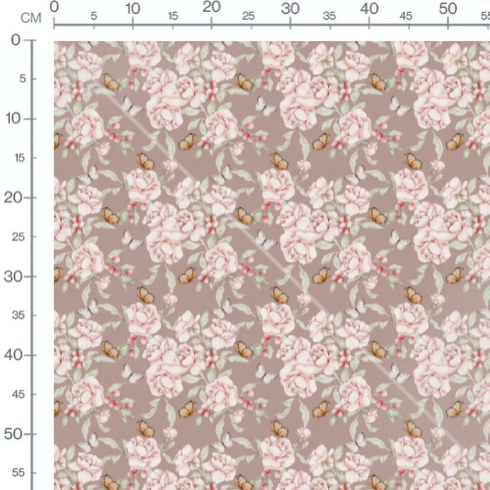 Tissu - Roses et papillons sur brun
