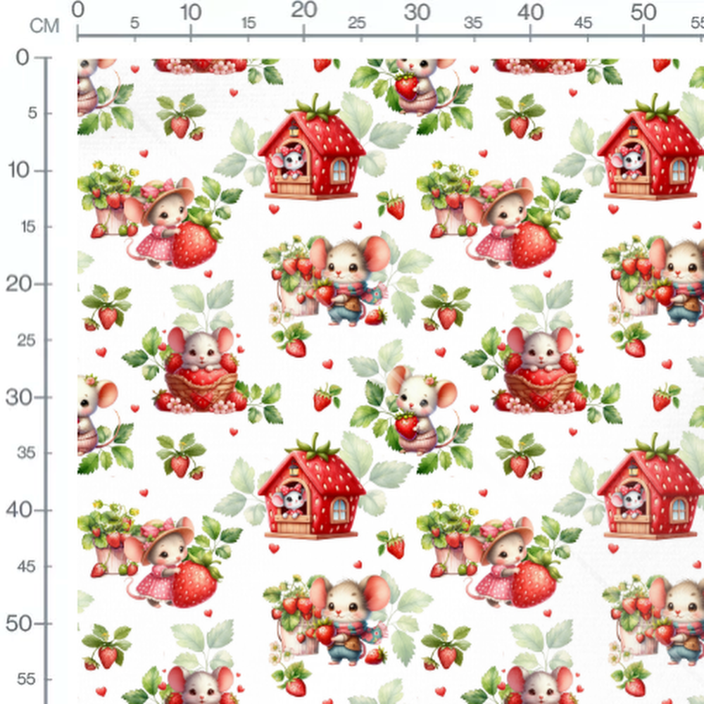 Tissu - Souris et fraises joyeuses