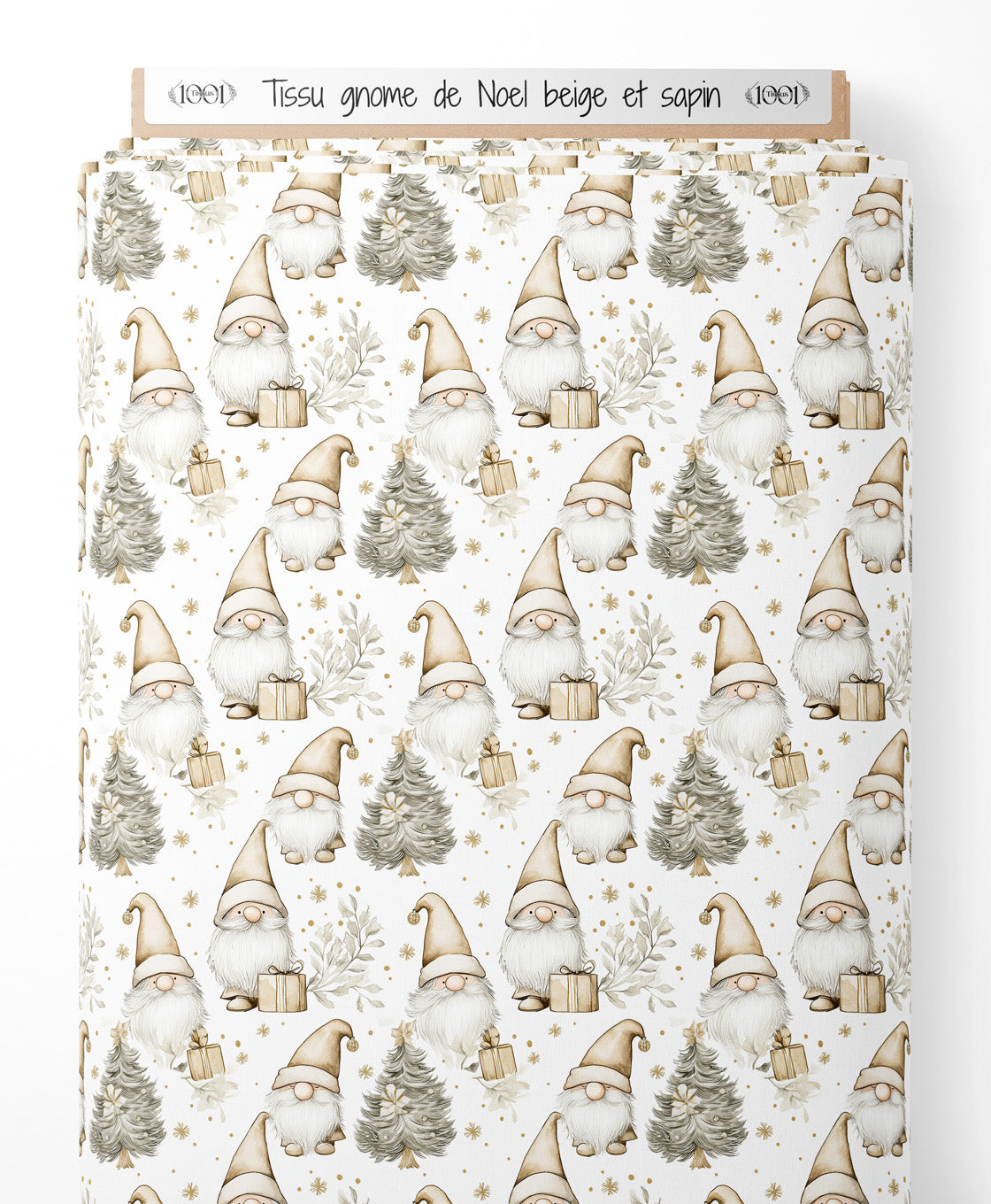 Tissu - gnome de Noel beige et sapin
