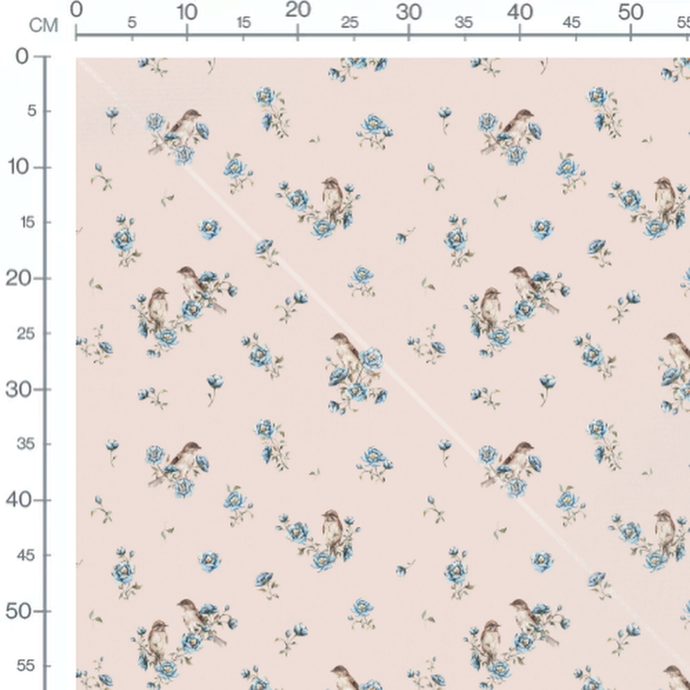 Tissu - Oiseaux bruns et roses bleues