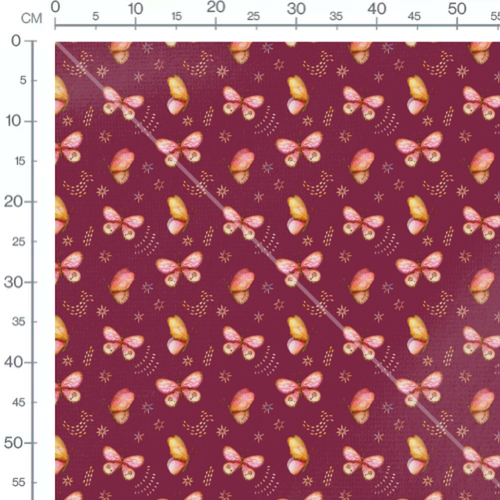 Tissu - Papillons sur fond bordeaux