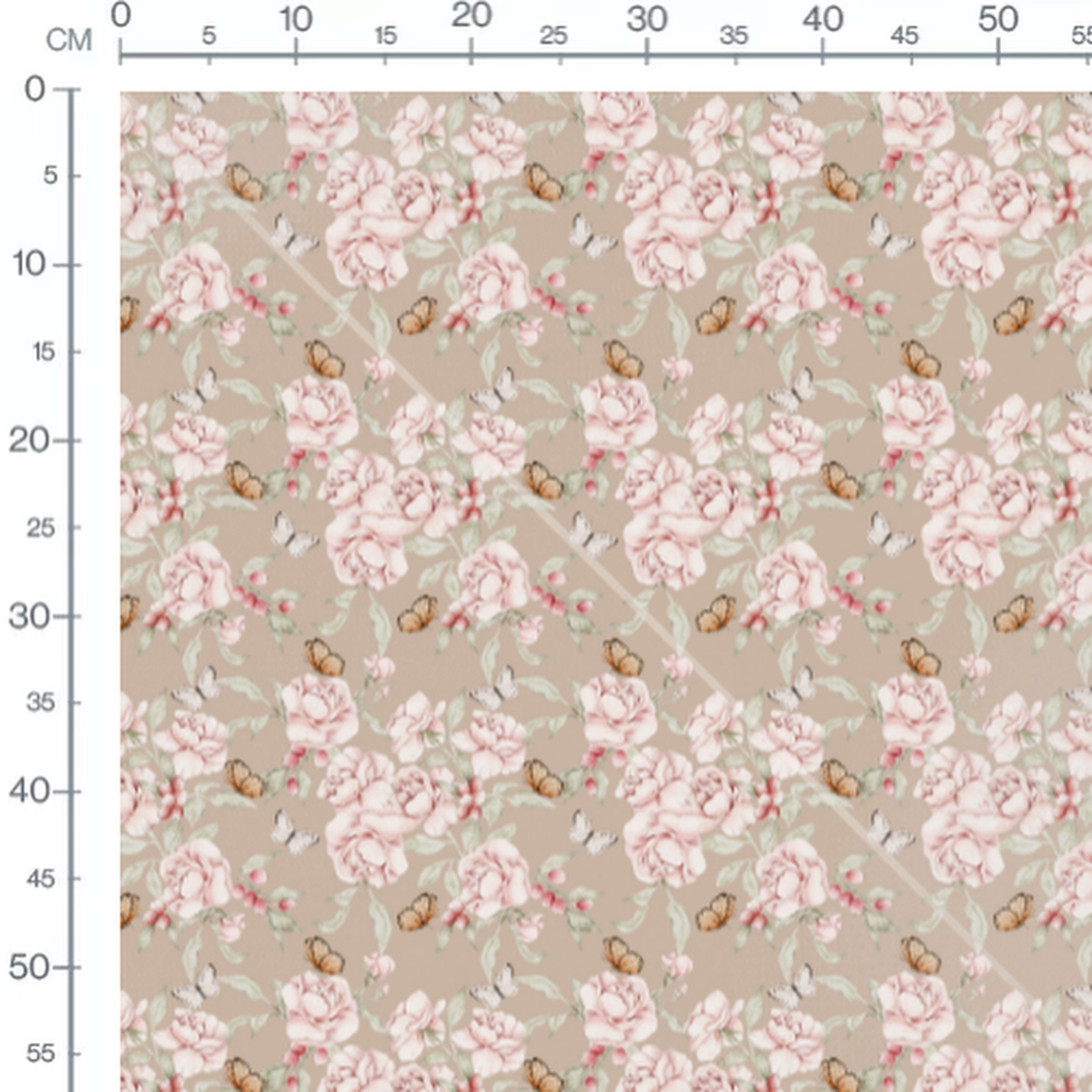 Tissu - Roses et papillons sur beige