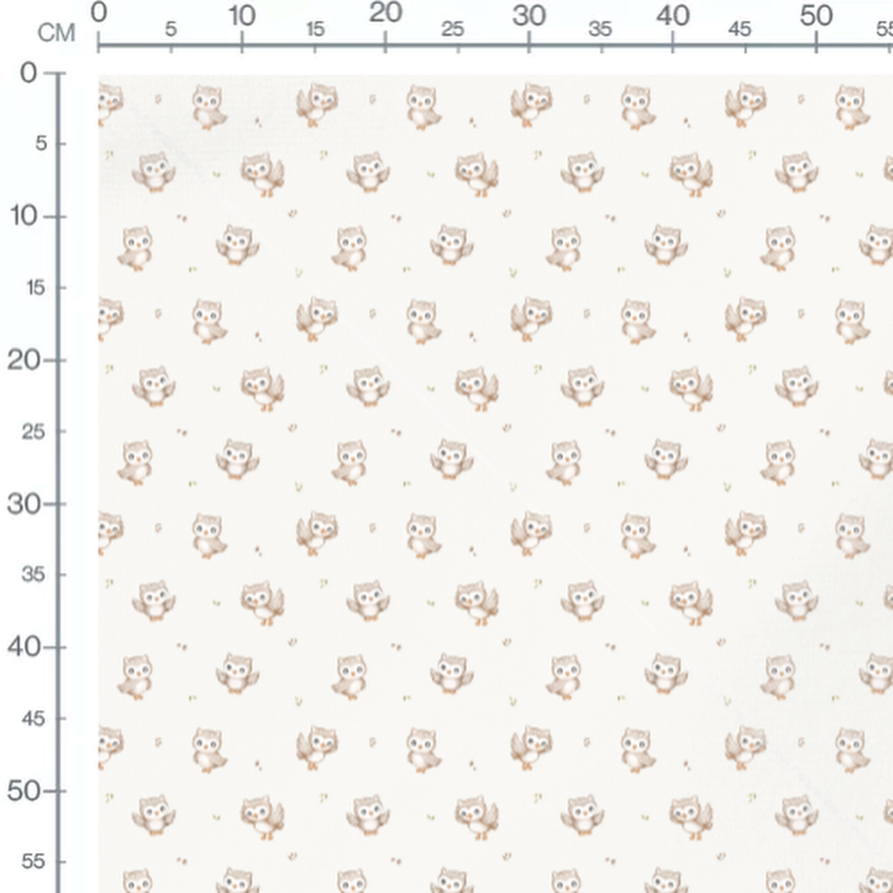 Tissu - Chouettes beige sur fond blanc