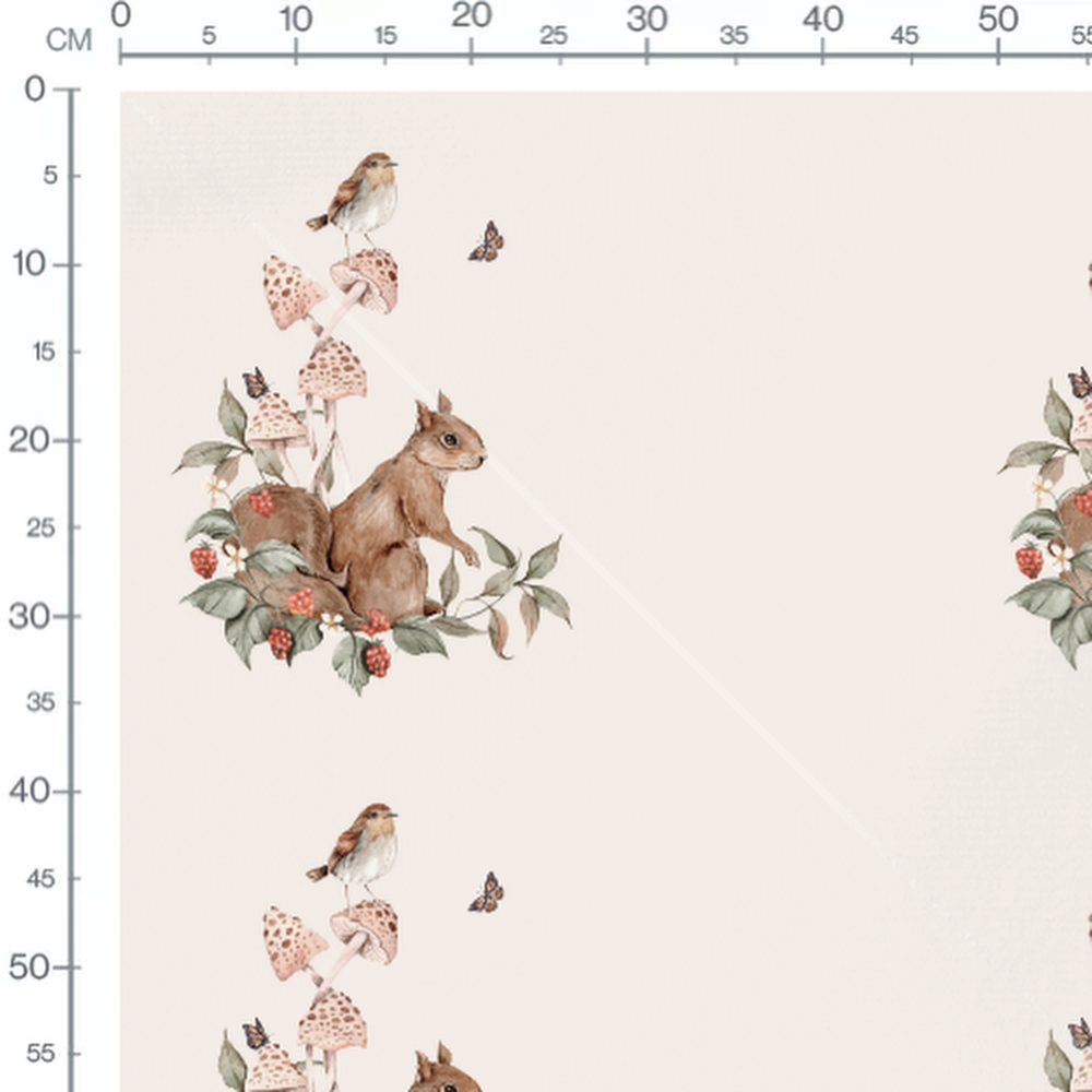 Tissu - Écureuil et baies sur beige