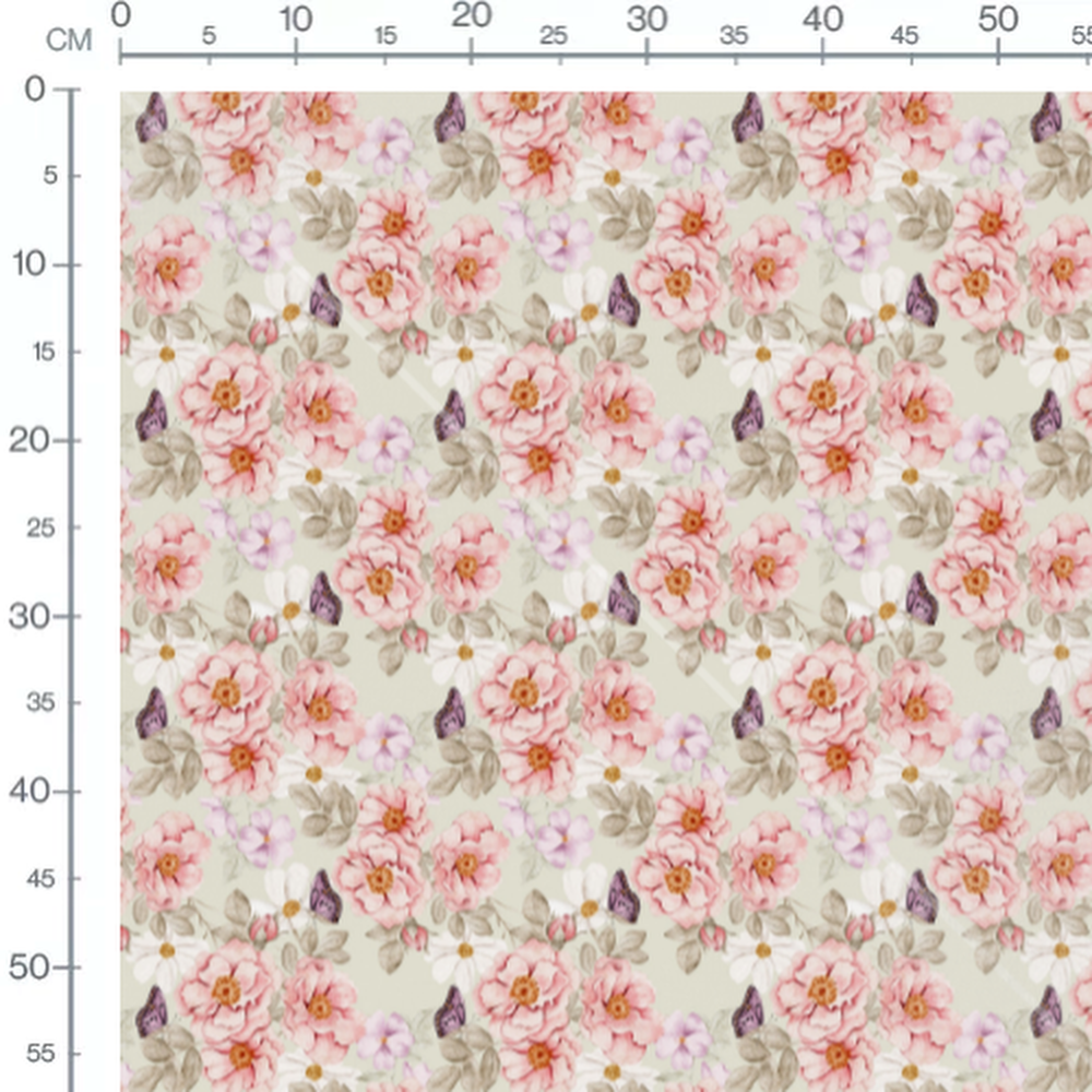 Tissu - Fleurs roses et papillons violets