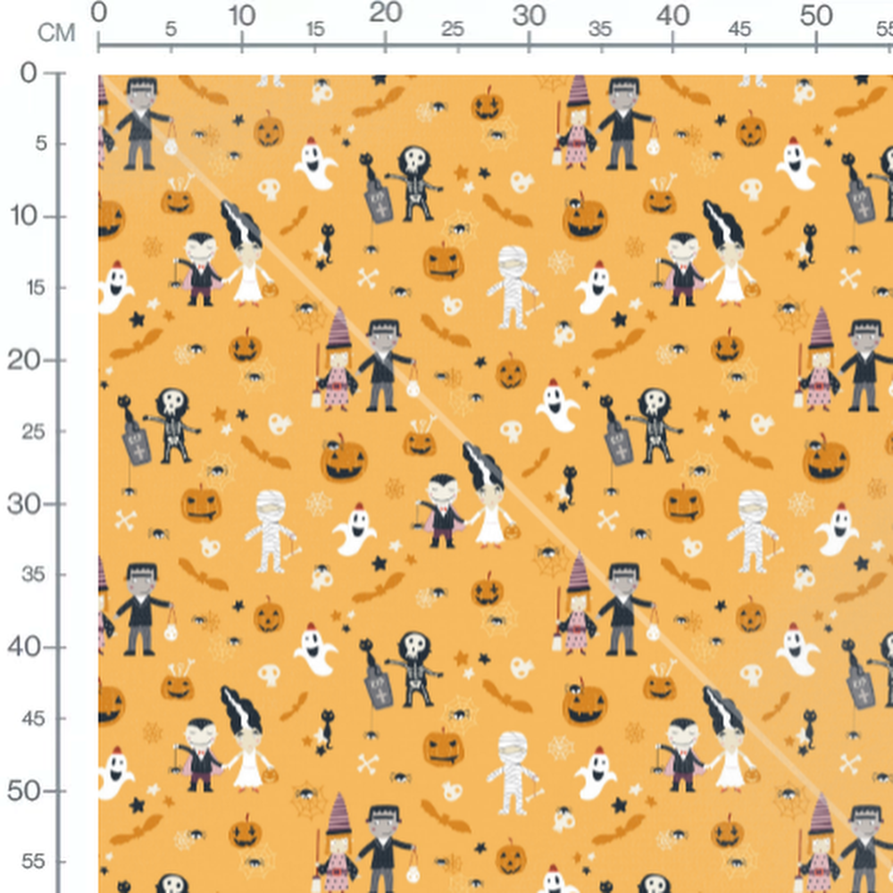 Tissu - Personnages Halloween fond orange