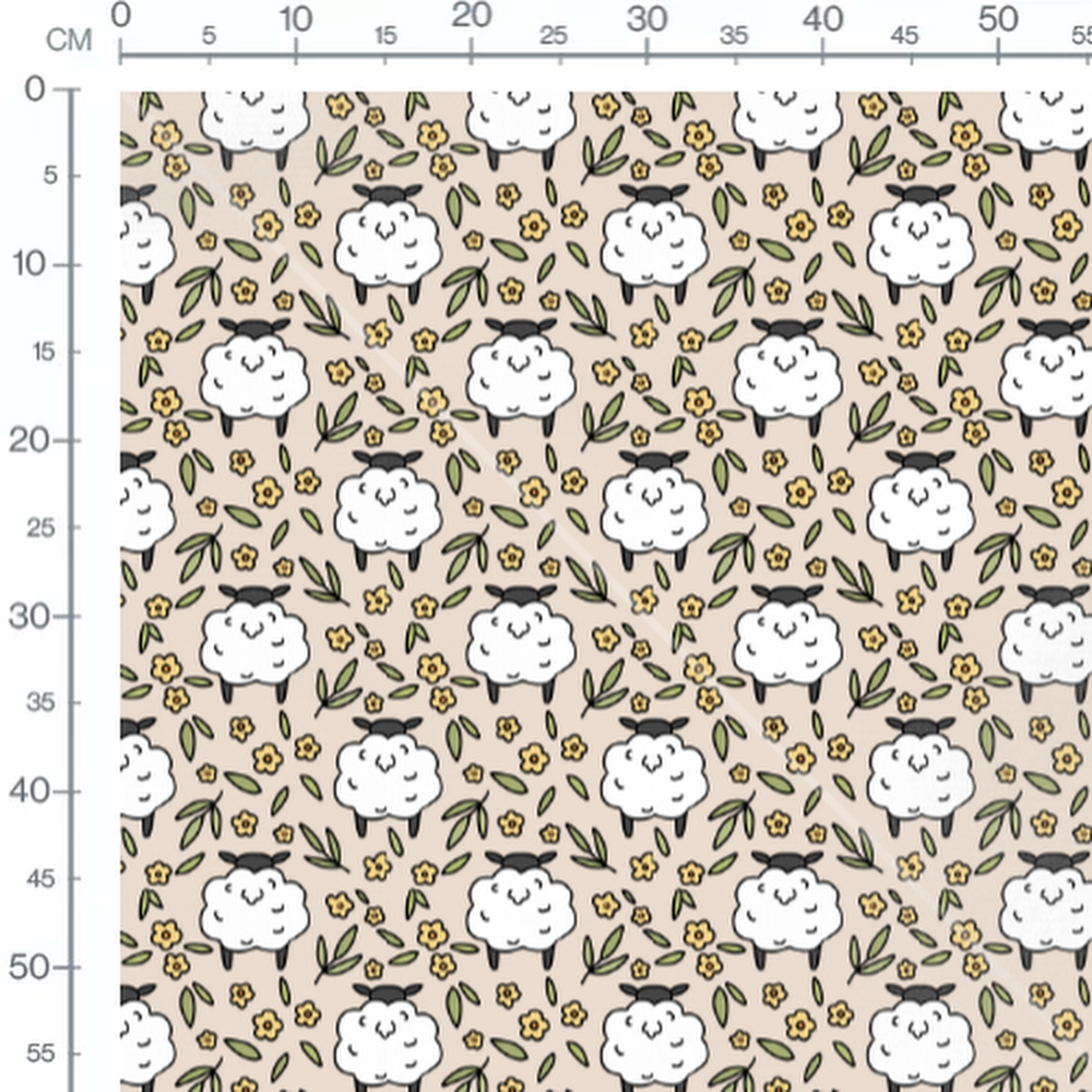 Tissu - Moutons et fleurs pastel