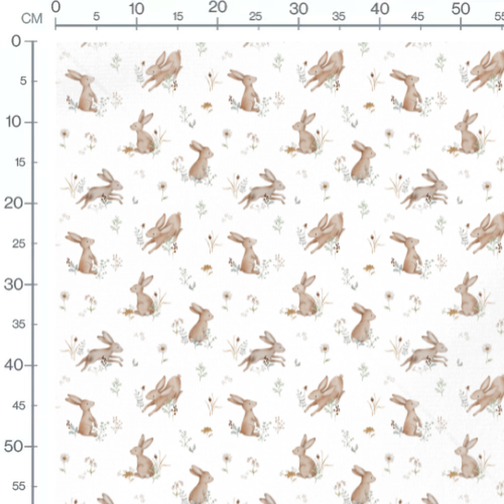 Tissu - Lapins et fleurs blanches