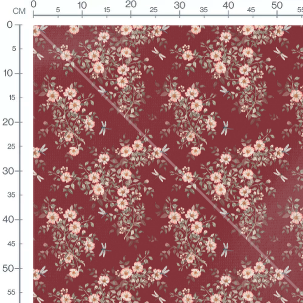 Tissu - Fleurs et libellules rouges