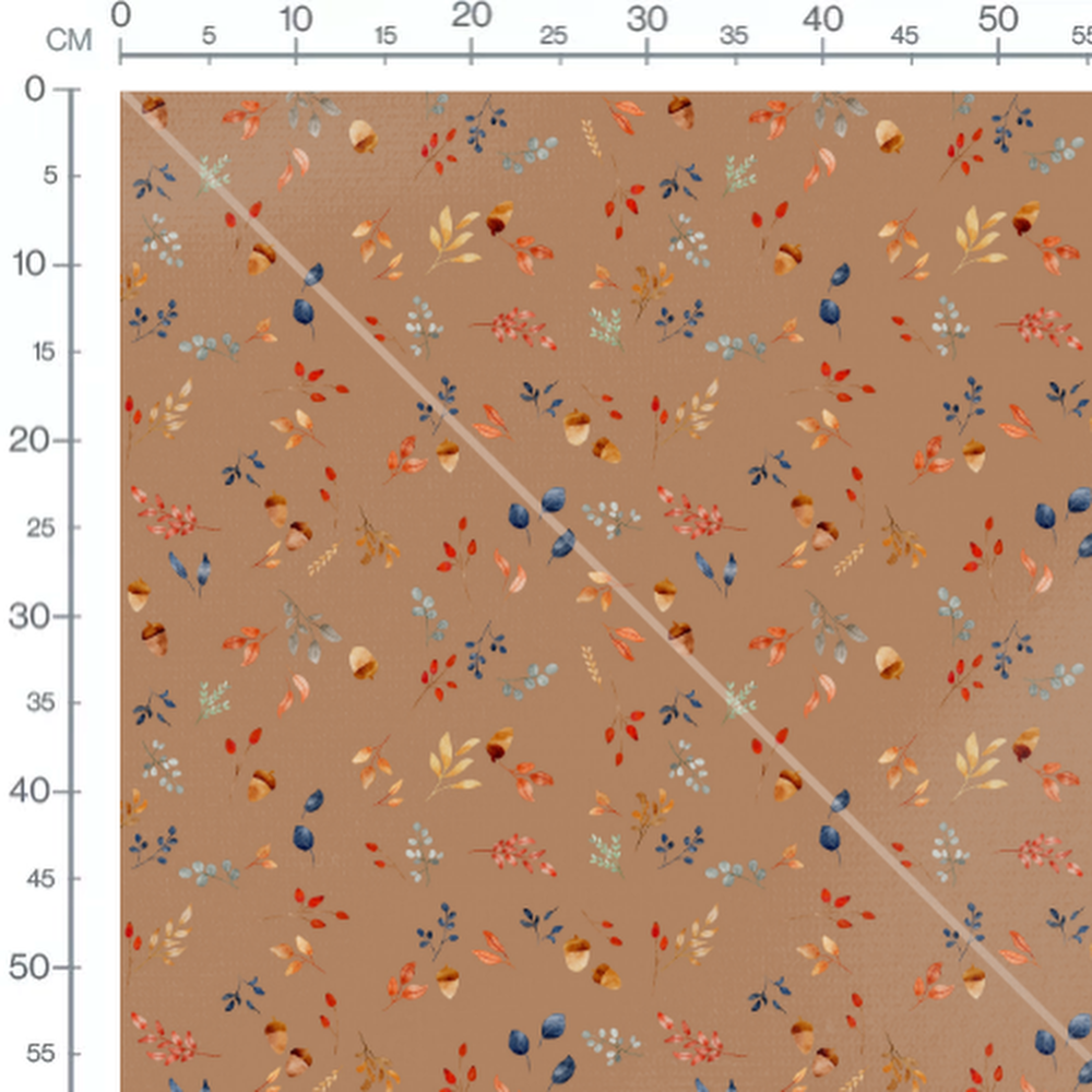 Tissu - Feuilles rouges et glands bleus