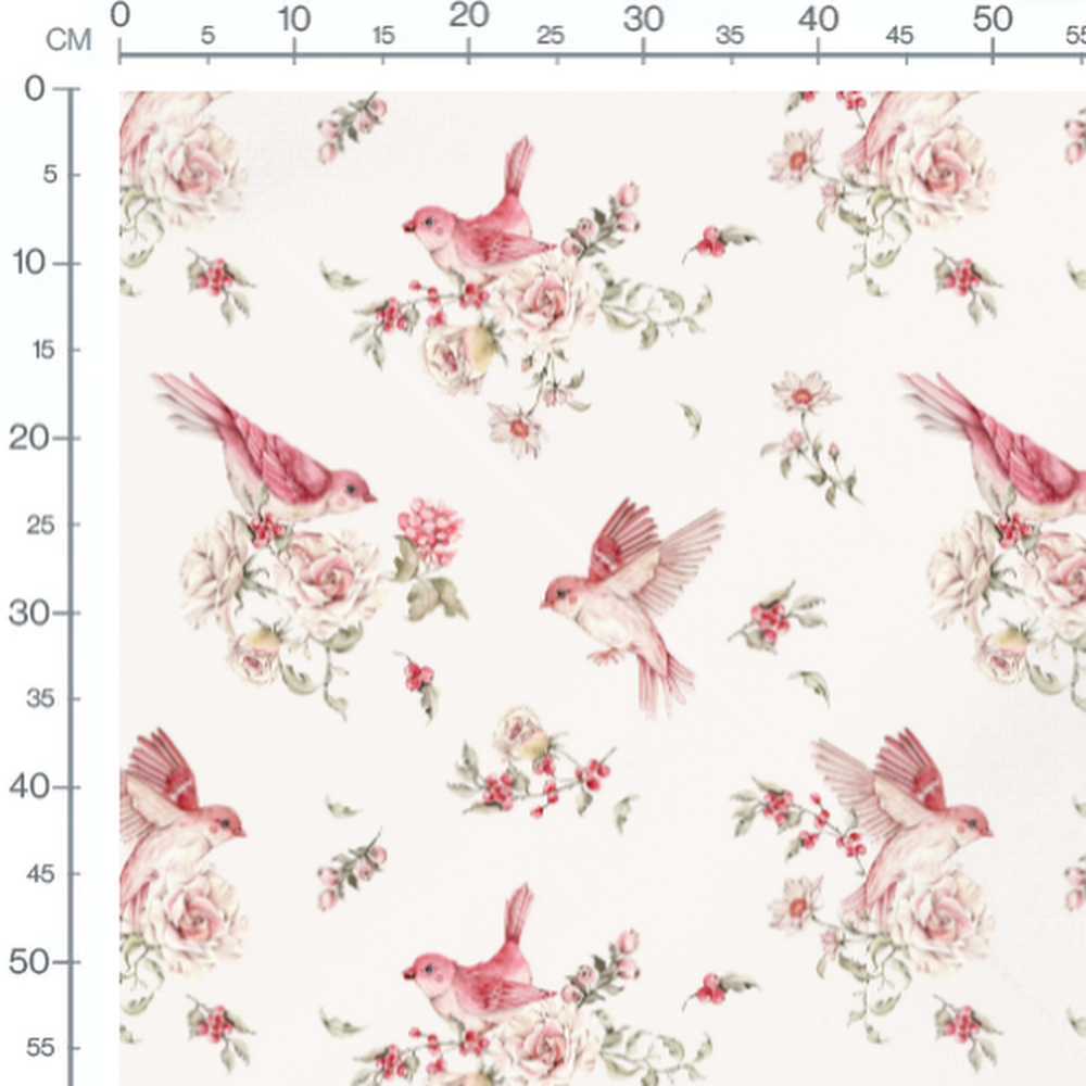 Tissu - Oiseaux roses et fleurs blanches 3