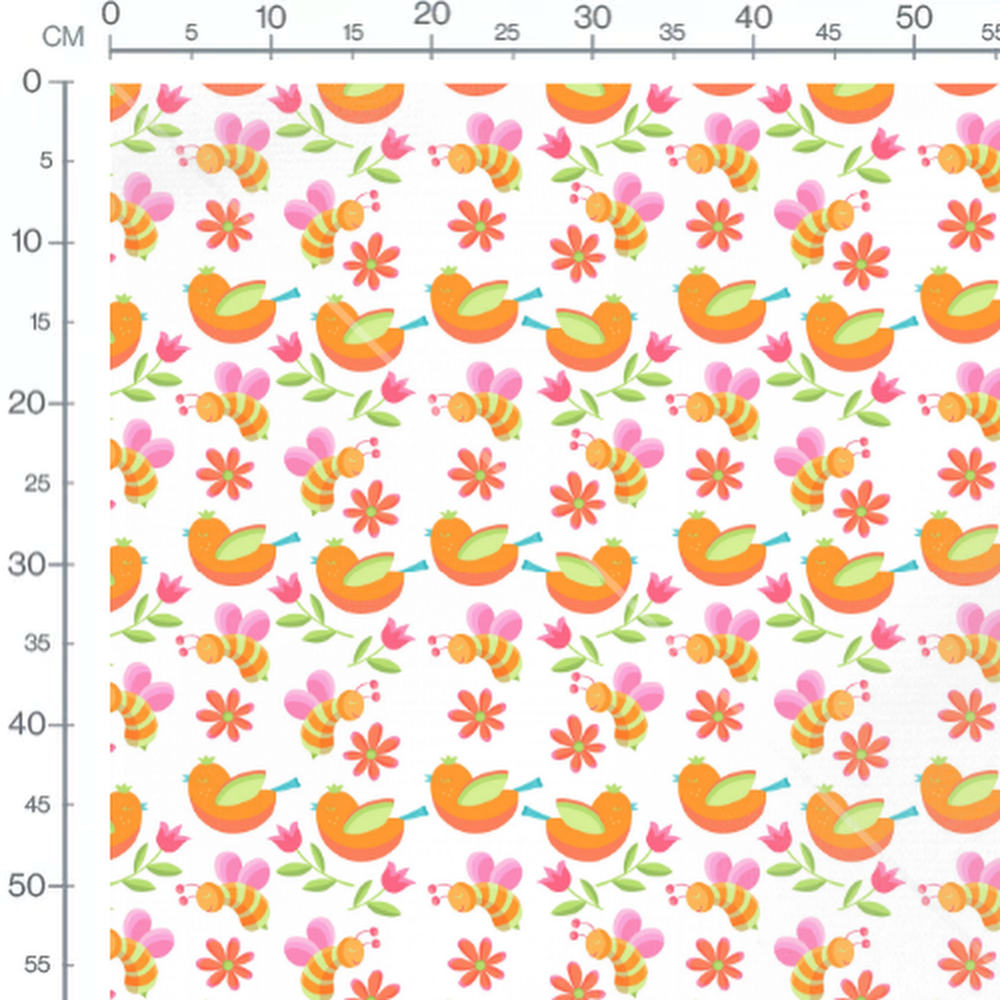 Tissu - Oiseaux et abeilles colorés