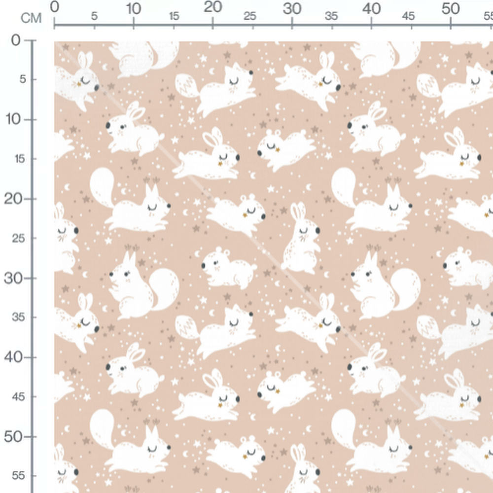 Tissu - Animaux blancs sur fond beige