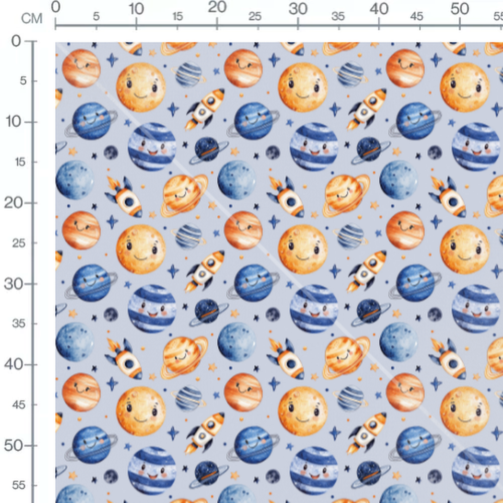 Tissu - Planètes et fusées sur bleu