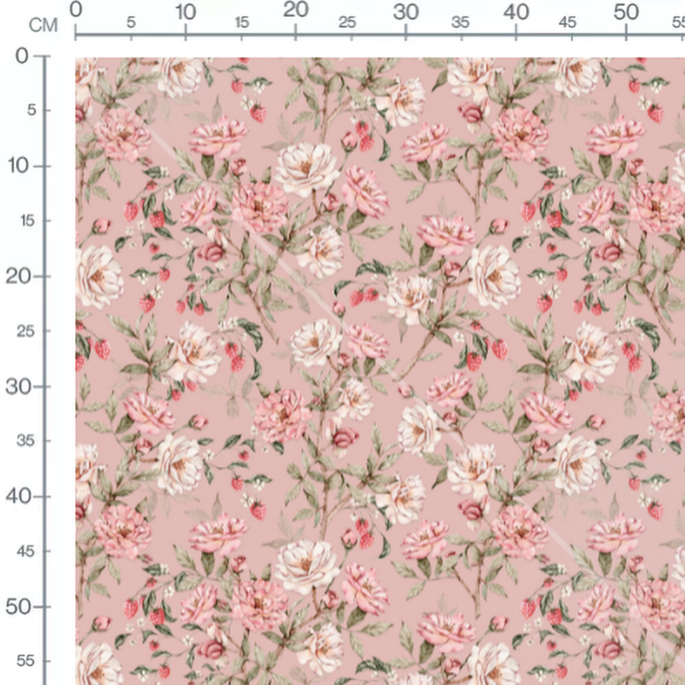 Tissu - Roses et feuillages sur fond rose