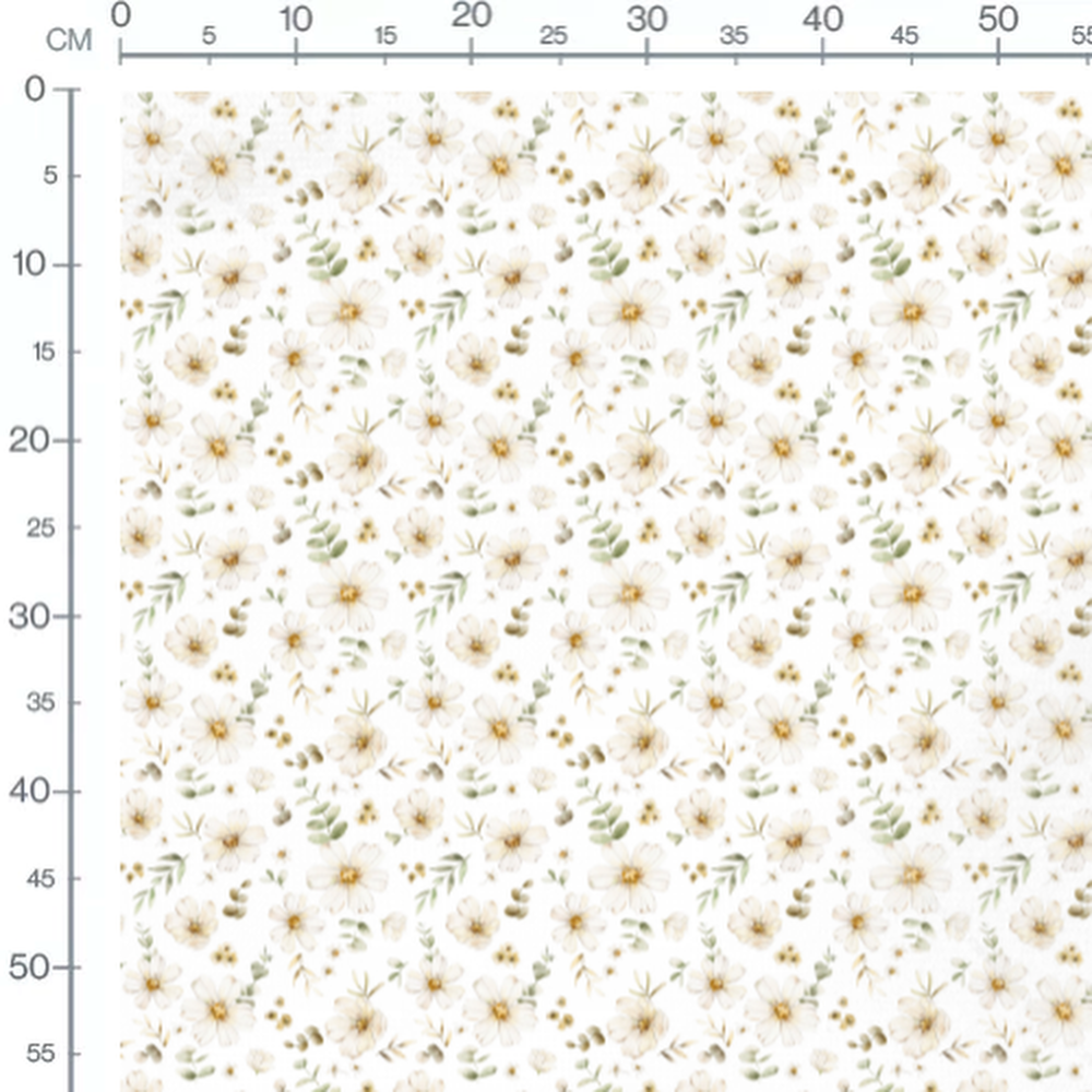 Tissu - Fleurs blanches et feuillage