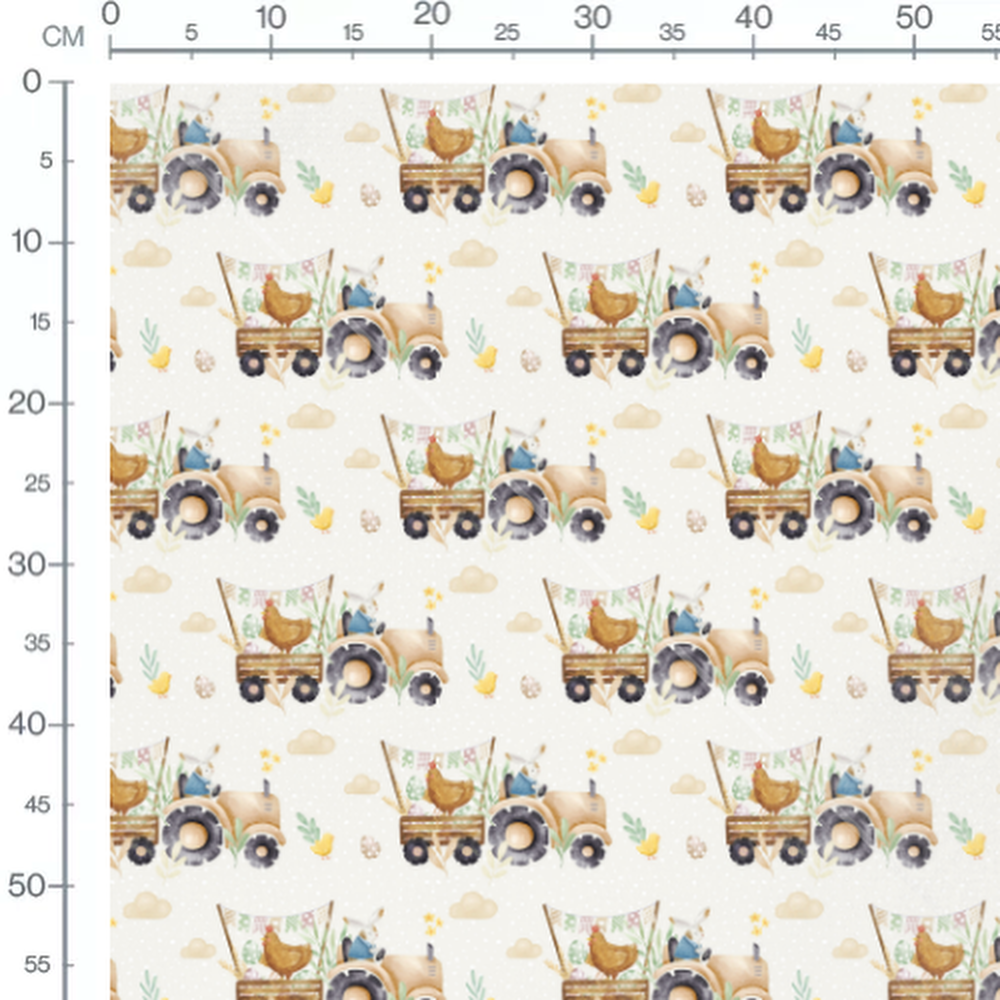 Tissu - Lapin et poule sur tracteur