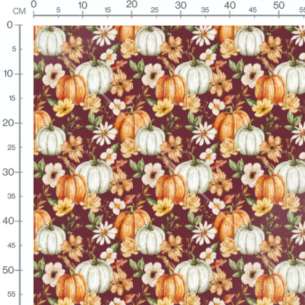 Tissu - Citrouilles sur fond bordeaux
