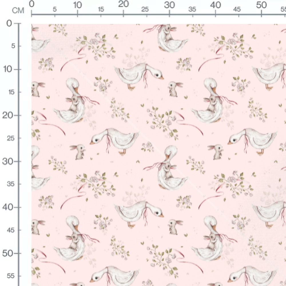 Tissu - Oies et lapins sur rose