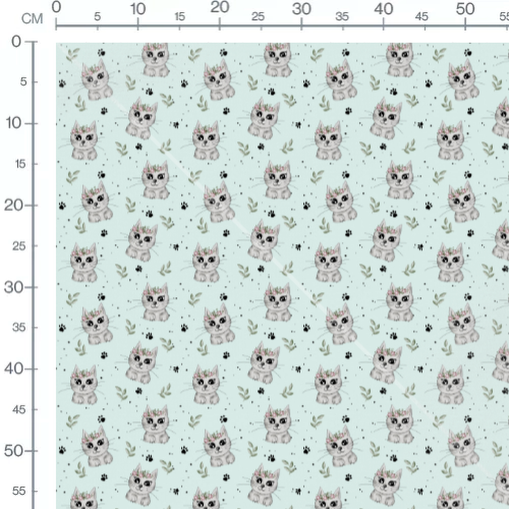 Tissu - Chats gris couronnes florales