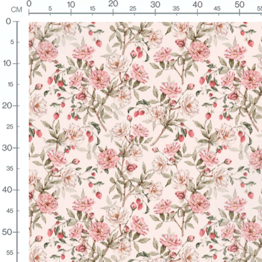 Tissu - Roses roses et baies rouges 2
