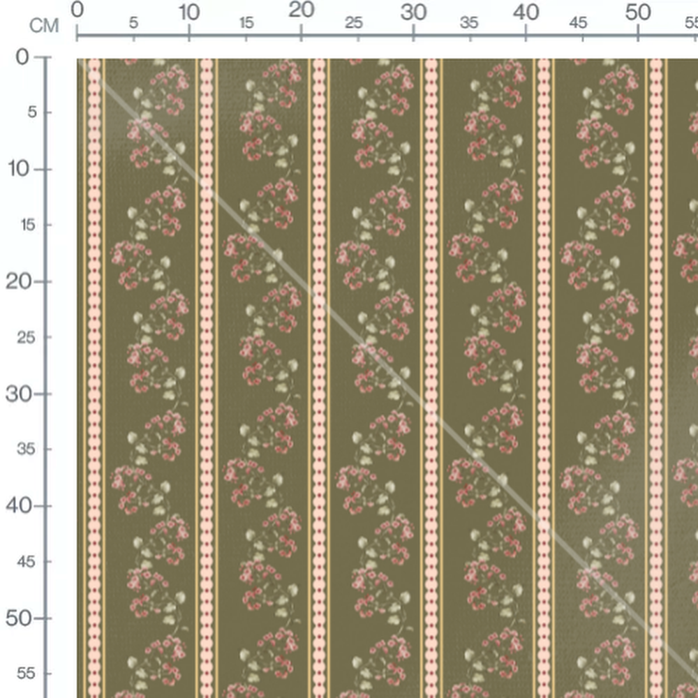 Tissu - Fleurs roses sur fond vert olive