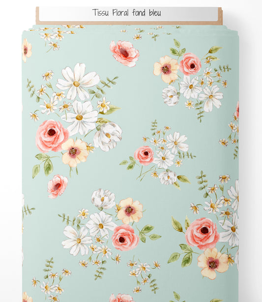 Tissu - Floral fond bleu