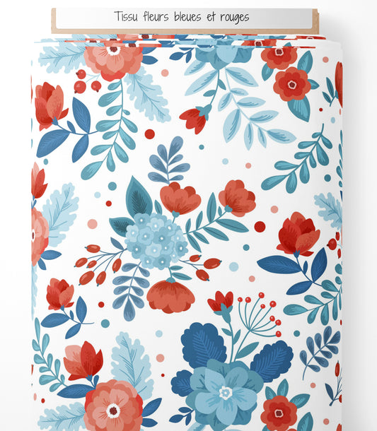 Tissu - Fleurs bleues et rouges