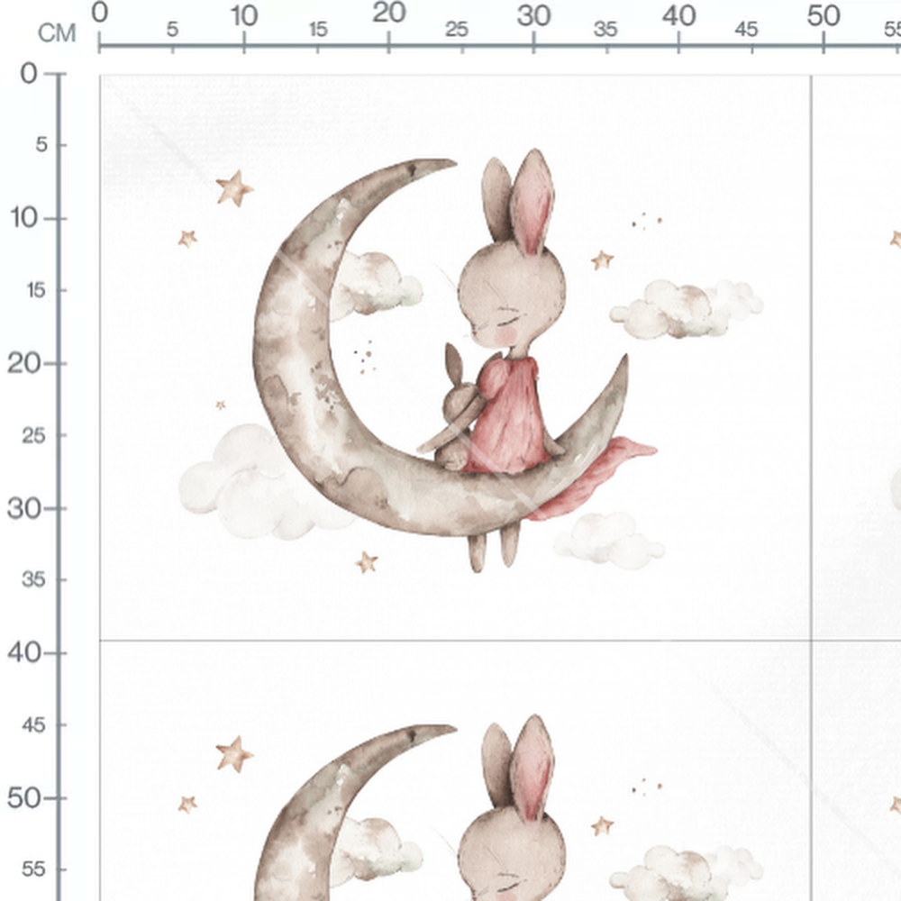 Tissu - Lapin rose sur lune brune
