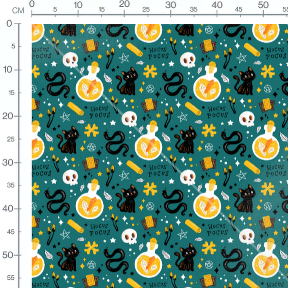 Tissu - Chats noirs et crânes verts