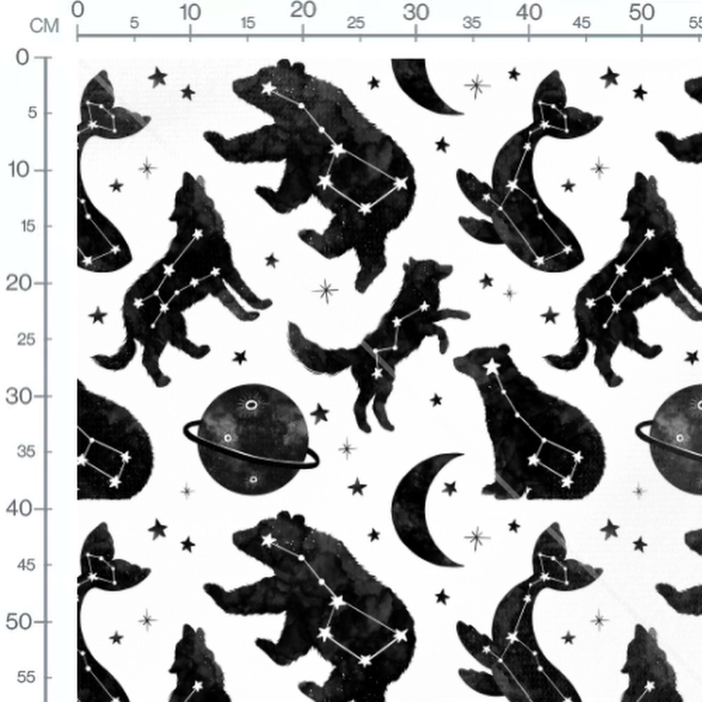 Tissu - Animaux noirs et constellations