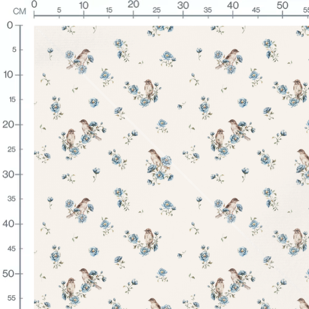 Tissu - Oiseaux bruns et fleurs bleues