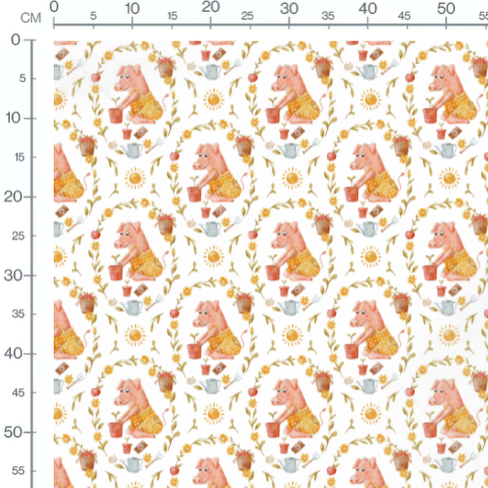 Tissu - Cochon jardinier et fleurs