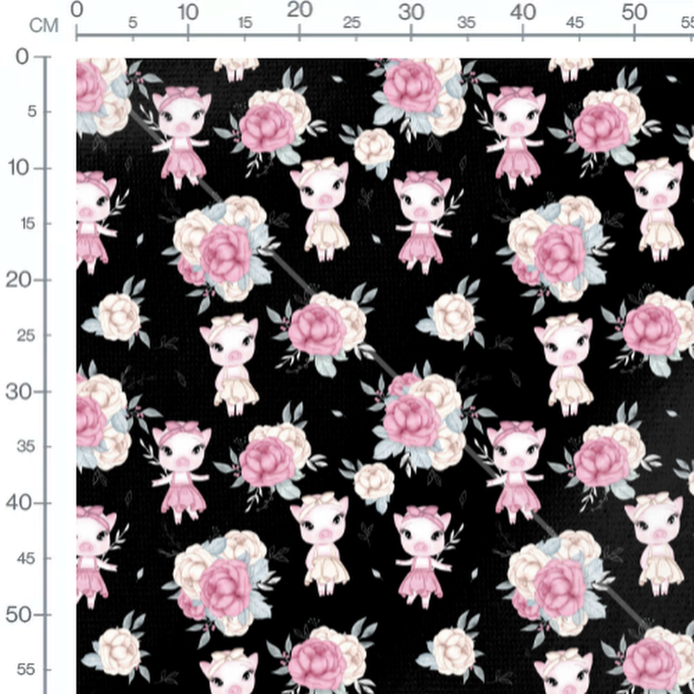 Tissu - Cochons roses sur fond noir