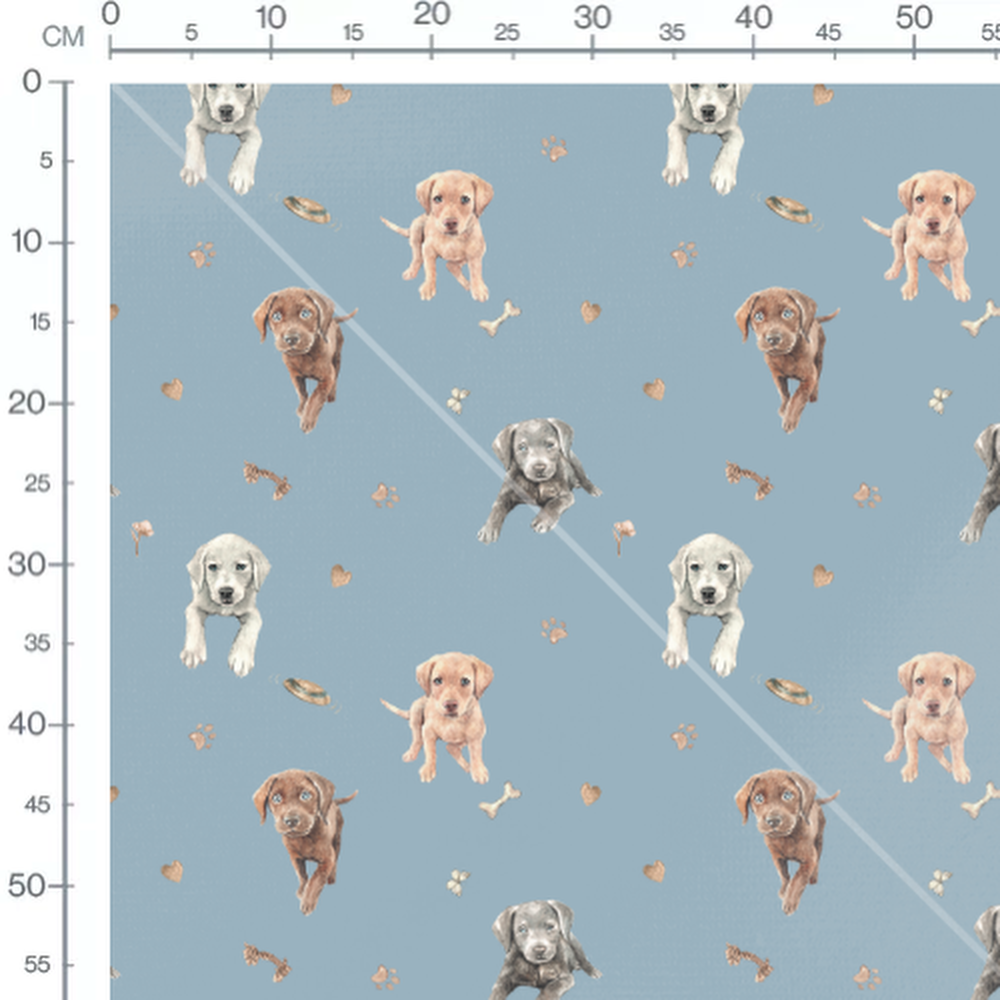 Tissu - Chiots marron sur fond bleu