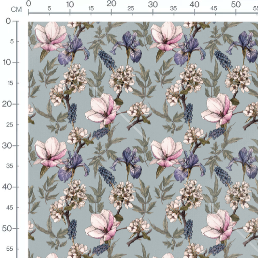 Tissu - Fleurs roses et violettes bleu