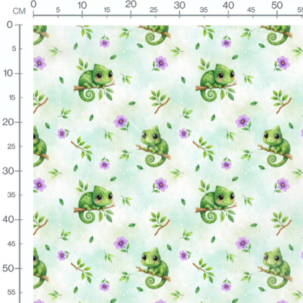 Tissu - Caméléons verts et fleurs