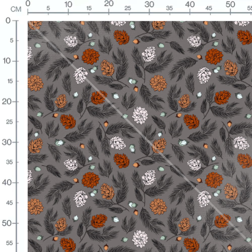 Tissu - Pommes de pin orange et gris