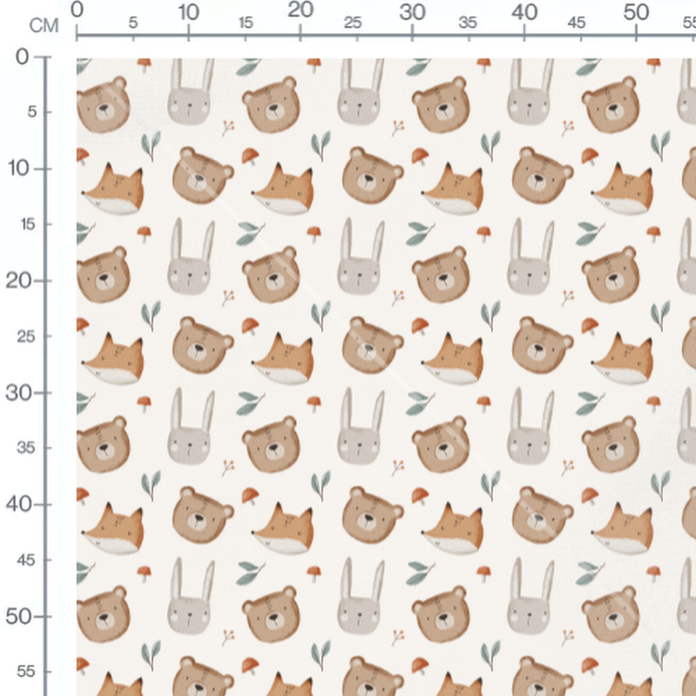 Tissu - Visages d'animaux et champignons
