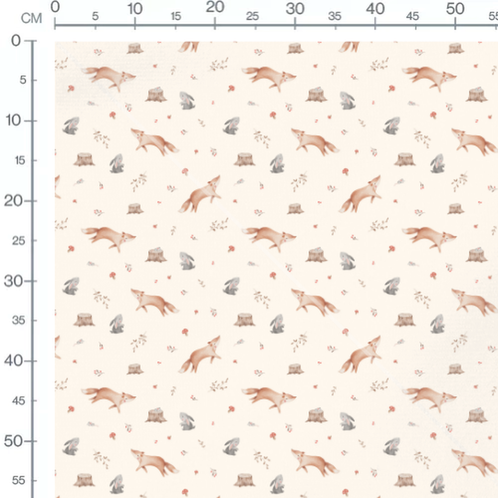 Tissu - Renards gris et lapins crème