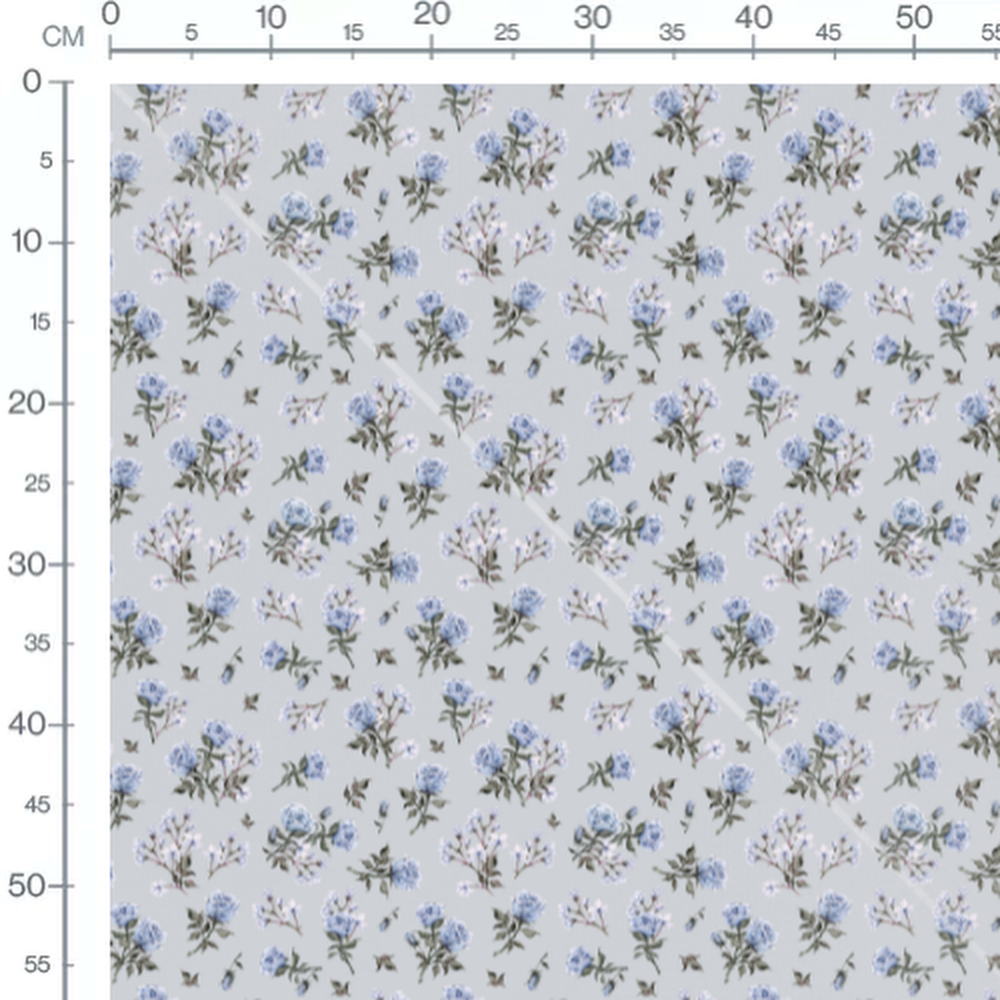 Tissu - Roses bleues sur fond gris