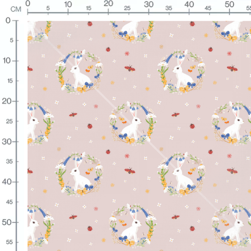 Tissu - Lapins blancs et fleurs colorées