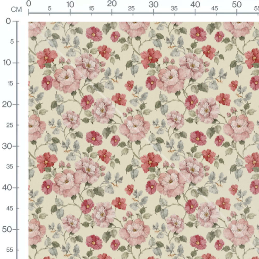 Tissu - Fleurs roses et rouges vintage