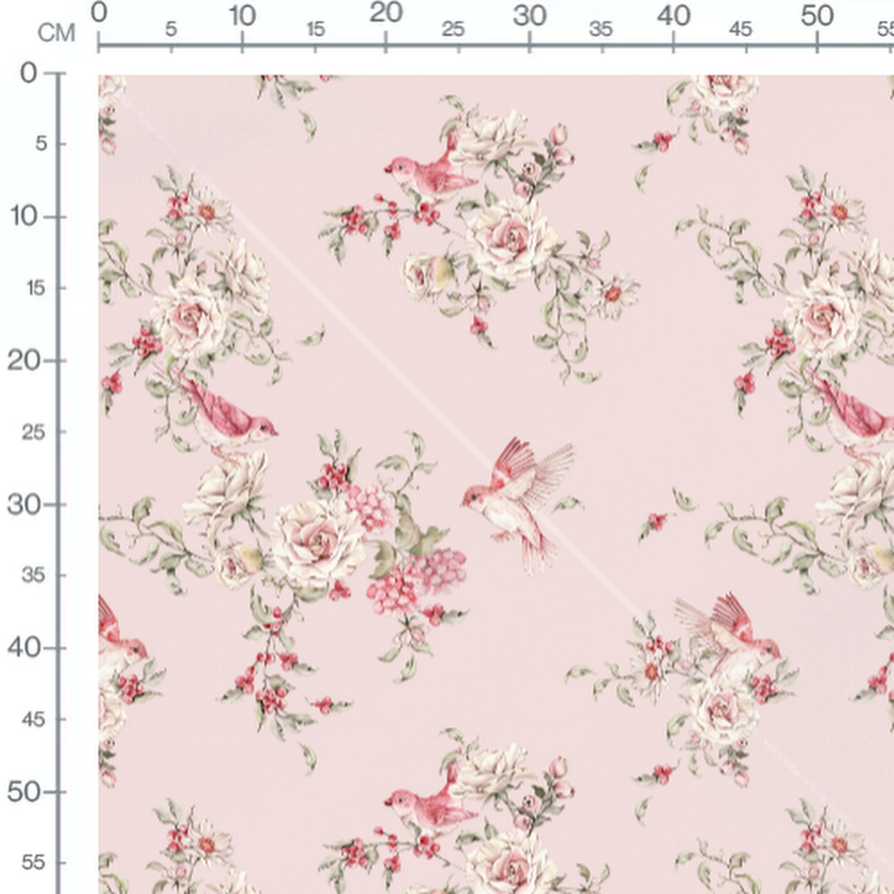 Tissu - Oiseaux et roses pastel